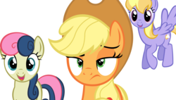 Size: 12377x7020 | Tagged: safe, artist:cyanlightning, applejack, bon bon, cloud kicker, sweetie drops, g4, the mane attraction, .svg available, absurd resolution, simple background, smiling, transparent background, unamused, vector