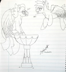 Size: 1324x1444 | Tagged: safe, artist:summerium, oc, oc only, oc:darius, oc:summer lights, pegasus, pony, angry, behaving like a bird, bird bath, black and white, duo, fight, flying, grayscale, hissing, lined paper, monochrome, sitting, spread wings, traditional art
