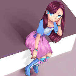 Size: 1000x1000 | Tagged: safe, artist:nensoushou, pinkie pie, equestria girls, g4, boots, bracelet, breasts, cleavage, clothes, cute, diapinkes, female, high heel boots, jewelry, looking at you, pinkamena diane pie, skirt, smiling, solo