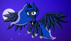 Size: 6000x3500 | Tagged: safe, artist:malphee, artist:renderpoint, princess luna, g4, absurd resolution, crown, female, flying, frown, jewelry, large wings, moon, night, regalia, sky, solo, stars