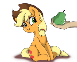 Size: 1600x1300 | Tagged: safe, artist:buttersprinkle, applejack, earth pony, human, pony, g4, :t, do not want, female, food, frown, hand, hilarious in hindsight, looking at something, looking away, mare, offscreen character, pear, puffy cheeks, shadow, simple background, sitting, solo focus, sweat, that pony sure does hate pears, white background