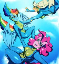 Size: 1280x1391 | Tagged: safe, artist:avante92, applejack, pinkie pie, rainbow dash, earth pony, pegasus, anthro, plantigrade anthro, unguligrade anthro, g4, breasts, busty applejack, busty pinkie pie, busty rainbow dash, clothes, cloud, falling, female, freefall, goggles, holding hands, mare, missing accessory, open mouth, parachute, sky, skydiving, smiling, trio, wonderbolt trainee uniform