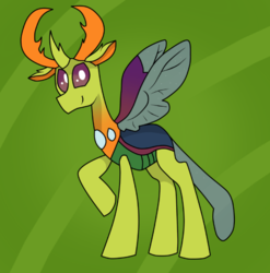 Size: 582x588 | Tagged: safe, artist:rozzertrask, thorax, changedling, changeling, g4, to where and back again, antlers, floppy ears, green background, insect wings, king thorax, looking at you, male, raised hoof, simple background, smiling, solo, spread wings, wings