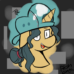 Size: 1080x1080 | Tagged: safe, artist:goldenled, fresh coat, g4, bust, cap, floppy ears, hat, open mouth, portrait, smiling, solo