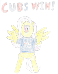 Size: 1559x2000 | Tagged: safe, artist:2shyshy, fluttershy, pony, g4, 2016 world series, baseball, bipedal, champions, cheering, chicago cubs, clothes, female, happy, mlb, nose in the air, open mouth, shirt, simple background, smiling, solo, spread wings, traditional art, white background, world series