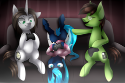 Size: 3843x2560 | Tagged: safe, artist:scarlet-spectrum, oc, oc only, oc:analogue, oc:light landstrider, oc:rescue pony, changeling, changeling queen, earth pony, pony, unicorn, blue changeling, changeling queen oc, commission, controller, couch, eyes closed, female, glasses, high res, open mouth, playing, television, upside down