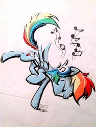 Size: 1884x2512 | Tagged: safe, artist:f1r3w0rks, rainbow dash, g4, dancing, female, headphones, music, sketch, solo, traditional art