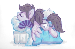 Size: 5354x3480 | Tagged: safe, artist:dawnfire, oc, oc only, oc:pillow case, pegasus, pony, absurd resolution, bed, blanket, clothes, cozy, cute, female, hoodie, lying down, mare, marker drawing, ocbetes, pillow, ponies in earth, ponytail, prone, side view, simple background, sleeping, socks, solo, sploot, striped socks, traditional art, white background, wings
