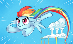 Size: 976x594 | Tagged: safe, artist:sorcerushorserus, rainbow dash, g4, cloudsdale, female, flying, rainbow trail, solo, speed lines, younger