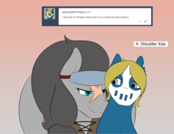 Size: 1280x985 | Tagged: safe, artist:lunis1992, oc, oc only, oc:fury, oc:straight razor, ask the amazon mares, front view butt, kissing, mask, tumblr