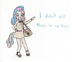 Size: 1952x1584 | Tagged: safe, anonymous artist, bon bon, sweetie drops, human, call of the cutie, g4, apple, blushing, bon bon is not amused, clothes, dialogue, feet, female, food, humanized, i didn't put those in my bag, open mouth, pointing, sandals, scene interpretation, simple background, skirt, solo, tailed humanization, traditional art, unamused
