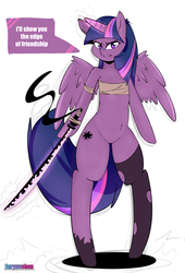 Size: 1280x1877 | Tagged: safe, artist:enryuuchan, twilight sparkle, alicorn, pony, semi-anthro, g4, angry, belly button, bipedal, clothes, dialogue, female, katana, looking at you, magic, solo, stockings, sword, twilight sparkle (alicorn), weapon