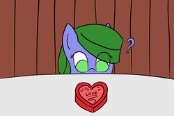 Size: 1200x800 | Tagged: safe, artist:saria the frost mage, oc, oc only, earth pony, pony, a foal's adventure, box of chocolates, child, cyoa, female, filly, foal, heart, heart shaped box, question mark, solo, story included, table, text