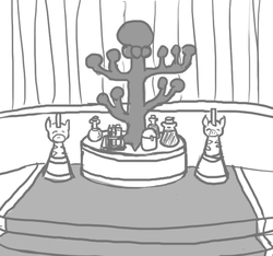 Size: 640x600 | Tagged: safe, artist:ficficponyfic, zebra, colt quest, beaker, carpet, cyoa, flask, idol, monochrome, potion, potions, religion, shrine, story included, temple