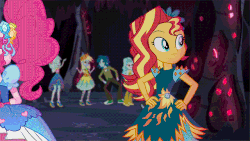 Size: 640x360 | Tagged: safe, screencap, captain planet, derpy hooves, flash sentry, lyra heartstrings, paisley, pinkie pie, sunset shimmer, equestria girls, g4, legend of everfree - bloopers, my little pony equestria girls: legend of everfree, animated, animated actors, big lipped alligator moment, blooper, candy, confused, crystal gala, crystal gala dress, dancing, disturbed, female, food, frown, gif, glowing eyes, gritted teeth, gumdrop, lidded eyes, looking at you, marshmallow, pinkie's imagination, pinkie's mindspace, rainbow, shrug, shrugset shimmer, sliding, smiling, sunset sees things, talking, wat, wide eyes