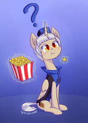 Size: 1573x2191 | Tagged: safe, artist:dsp2003, artist:lalieri, alicorn, pony, 4chan, collaboration, elizabeth (persona), female, food, persona, persona 3, ponified, popcorn, simple background, solo