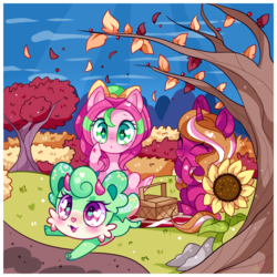 Size: 1500x1500 | Tagged: safe, artist:ipun, oc, oc only, oc:gadget, oc:precious metal, pony, unicorn, :o, blushing, eyes closed, flower, heart eyes, leaves, open mouth, picnic, prone, smiling, sunflower, tree, wingding eyes