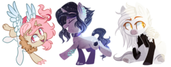 Size: 1700x674 | Tagged: safe, artist:spacechickennerd, oc, oc only, oc:astral spell, oc:aurora, oc:daeth, draconequus, pony, unicorn, simple background, transparent background