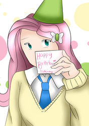 Size: 1024x1448 | Tagged: safe, artist:lthegamerotaku, fluttershy, human, g4, card, clothes, female, happy birthday, hat, humanized, necktie, party hat, shirt, solo, sweater, sweatershy