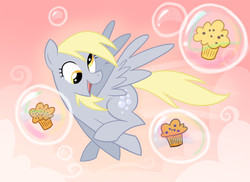 Size: 1732x1258 | Tagged: safe, artist:huskypaw2002, derpy hooves, pegasus, pony, g4, artifact, bubble, female, food, mare, muffin, solo