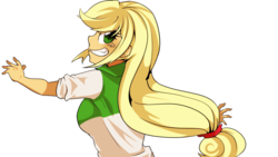 Size: 1280x720 | Tagged: safe, artist:setoya, applejack, equestria girls, g4, female, grin, hatless, looking at you, missing accessory, simple background, smiling, solo, transparent background