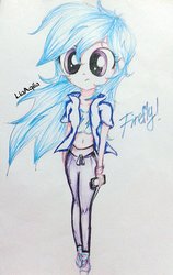 Size: 1292x2048 | Tagged: safe, artist:liaaqila, firefly, human, g1, g4, belly button, clothes, female, g1 to g4, generation leap, humanized, midriff, short shirt, solo, traditional art