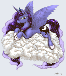 Size: 700x807 | Tagged: source needed, useless source url, safe, artist:bubonic_imomusi, princess luna, alicorn, pony, g4, cloud, female, looking at you, pixiv, prone, smiling, solo, spread wings, style comparison