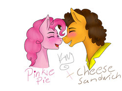 Size: 1024x768 | Tagged: safe, artist:kimyowolf, cheese sandwich, pinkie pie, pony, g4, duo, male, ship:cheesepie, shipping, straight