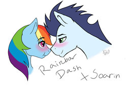Size: 1024x768 | Tagged: safe, artist:kimyowolf, rainbow dash, soarin', pony, g4, blushing, duo, eye contact, looking at each other, male, scrunchy face, ship:soarindash, shipping, straight