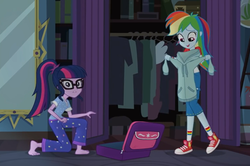 Size: 806x536 | Tagged: safe, screencap, rainbow dash, sci-twi, twilight sparkle, equestria girls, g4, my little pony equestria girls: legend of everfree, barefoot, clothes, converse, feet, female, hoodie, legend of everfeet, shoes, sneakers