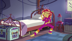 Size: 1280x720 | Tagged: safe, screencap, sunset shimmer, equestria girls, g4, my little pony equestria girls: legend of everfree, barefoot, feet, female, karate, kung fu shimmer, legend of everfeet, solo, sunset's sleepfighting