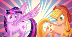 Size: 1280x665 | Tagged: safe, artist:jowyb, applejack, twilight sparkle, alicorn, earth pony, pony, twijack weekly, g4, abstract background, female, glowing cutie mark, lesbian, looking back, mare, ship:twijack, shipping, sunburst background, twilight sparkle (alicorn)