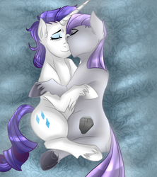 Size: 800x900 | Tagged: safe, artist:anxiousshadowpetals, maud pie, rarity, earth pony, pony, unicorn, g4, cuddling, duo, eyes closed, female, lesbian, mare, ship:rarimaud, shipping, snuggling, unshorn fetlocks