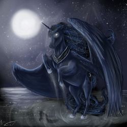 Size: 960x960 | Tagged: safe, artist:alkatu, princess luna, pony, g4, female, glowing eyes, hoers, moon, night, realistic, rearing, solo, spread wings, stars