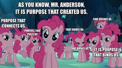 Size: 1280x720 | Tagged: safe, edit, edited screencap, screencap, pinkie pie, g4, too many pinkie pies, agent smith, clone, image macro, meme, pinkie clone, that cute clone, the matrix, xk-class end-of-the-world scenario