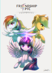 Size: 2976x4175 | Tagged: safe, artist:coma392, applejack, rainbow dash, twilight sparkle, alicorn, pony, g4, crossed hooves, friendship is epic, looking at you, pixiv, twilight sparkle (alicorn)