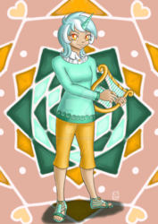 Size: 900x1273 | Tagged: safe, artist:yunsildin, lyra heartstrings, human, g4, clothes, female, horn, horned humanization, humanized, looking at you, lyre, musical instrument, smiling, solo, sweater, watermark