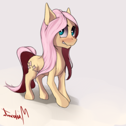 Size: 700x700 | Tagged: safe, artist:miokomata, fluttershy, g4, blushing, female, grin, simple background, smiling, solo, wingless