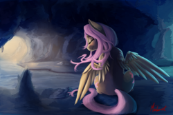 Size: 1500x1000 | Tagged: safe, artist:miokomata, fluttershy, g4, both cutie marks, cave, cute, cute little fangs, eyes closed, fangs, female, river, shyabetes, sitting, smiling, solo, spread wings, stream, water