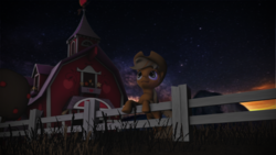 Size: 1024x576 | Tagged: safe, artist:tsuriadragon, applejack, earth pony, pony, g4, 3d, bipedal, bipedal leaning, female, fence, leaning, looking up, solo, source filmmaker, stars, sweet apple acres, twilight (astronomy)