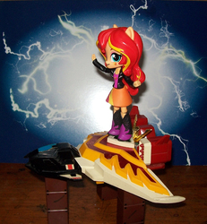 Size: 784x850 | Tagged: safe, sunset shimmer, equestria girls, g4, boots, brave of the sun fighbird, breaster jet, clothes, crossover, doll, equestria girls minis, female, hoverboard, jacket, leather jacket, skirt, solo, toy