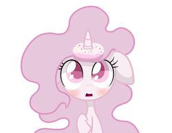 Size: 3628x2796 | Tagged: safe, artist:lovehtf421, princess celestia, g4, blushing, bust, cewestia, colored pupils, cute, donut, donutlestia, female, filly, floppy ears, food, high res, horn, horn grab, horn impalement, looking at something, looking up, open mouth, pink-mane celestia, simple background, solo, the uses of unicorn horns, white background, wide eyes, younger
