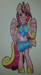 Size: 900x1646 | Tagged: safe, artist:bleedingwings12, princess cadance, anthro, unguligrade anthro, g4, belly button, both cutie marks, clothes, female, looking at you, midriff, sarong, short shirt, simple background, smiling, solo, traditional art, watermark