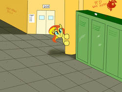 Size: 960x720 | Tagged: safe, artist:southernstar1234, rainbow dash, sunset shimmer, pony, unicorn, g4, :c, cute, female, graffiti, hallway, lockers, mare, peeking, school, shimmerbetes, solo