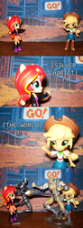 Size: 850x2307 | Tagged: safe, applejack, sunset shimmer, equestria girls, g4, boots, clothes, cowboy hat, denim skirt, doll, equestria girls minis, eqventures of the minis, female, hat, irl, jacket, jojo's bizarre adventure, leather jacket, photo, silver chariot, skirt, stand, stardust crusaders, stetson, the world, toy, toy comic, versus