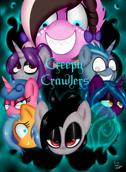 Size: 1280x1737 | Tagged: safe, artist:paulpeopless, oc, oc only, oc:ashee, oc:blue blaze, oc:blue sparks, oc:optica, oc:para norma, oc:paulpeoples, oc:raida, oc:rosey ring, creepy crawlers, poster