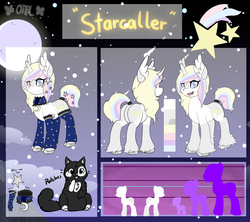 Size: 3000x2668 | Tagged: safe, artist:otpl, oc, oc only, pony, unicorn, clothes, cloven hooves, collar, curved horn, feathered ears, heterochromia, high res, horn, reference sheet, socks, solo, stars, unshorn fetlocks