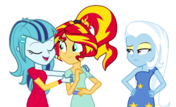 Size: 1024x623 | Tagged: safe, artist:trixiesparkle63, sonata dusk, sunset shimmer, trixie, equestria girls, g4, alternate hairstyle, eyes closed, female, lesbian, open mouth, ship:sunata, shipping, simple background, smiling, transparent background