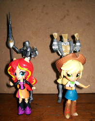 Size: 665x850 | Tagged: safe, applejack, sunset shimmer, equestria girls, g4, action figure, boots, clothes, cowboy hat, denim skirt, doll, equestria girls minis, eqventures of the minis, female, hat, irl, jacket, jojo's bizarre adventure, leather jacket, photo, silver chariot, skirt, stand, stardust crusaders, stetson, the world, toy, za warudo