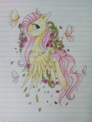 Size: 1920x2560 | Tagged: safe, artist:nuttypanutdy, fluttershy, butterfly, g4, female, flower, flying, inktober, lined paper, solo, traditional art